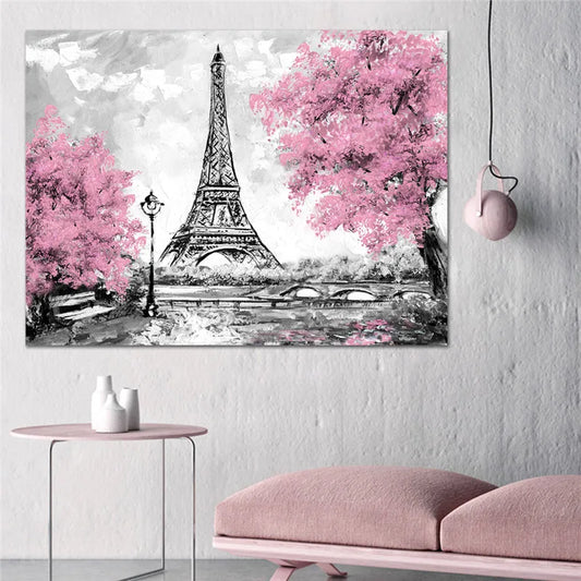 Romantic Pink and Red Tree With Lovers Landscape Canvas Wall Art