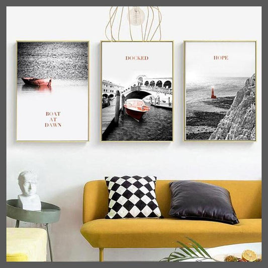 3 Pieces Nordic Modern Painting Boat At Dawn Hope Lighthouse Canvas Wall Art - Unframed-40x60cm 3pcs-Dablew11