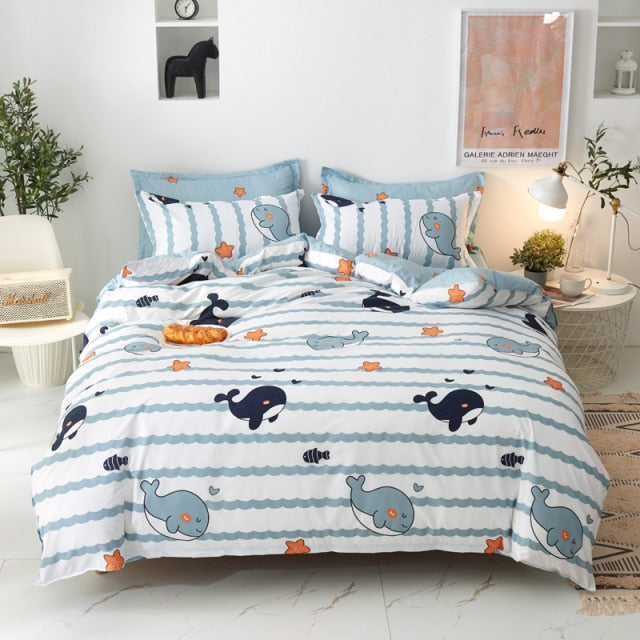 White Grey Cute Cartoon Whale Print Bedding Set
