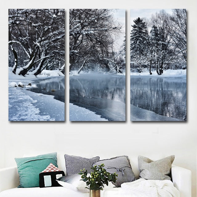 3 Panels Winter Pond Snow Landscape Canvas Wall Art - Unframed