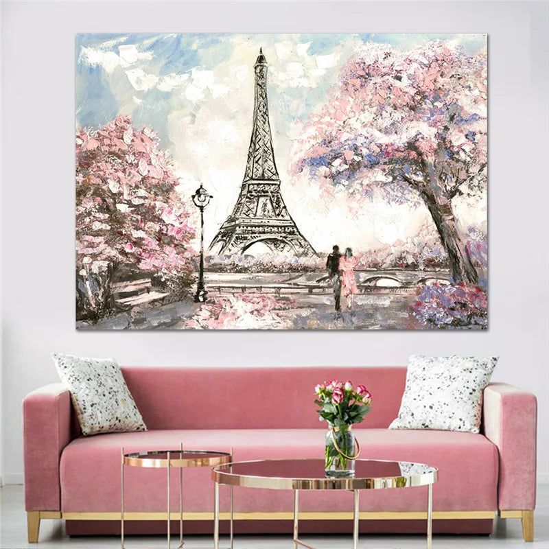 Romantic Pink and Red Tree With Lovers Landscape Canvas Wall Art