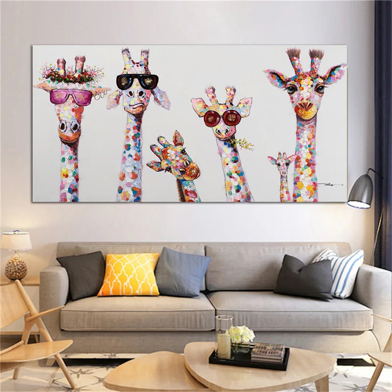 Happy Giraffe Family Canvas Wall Art Painting - Unframed