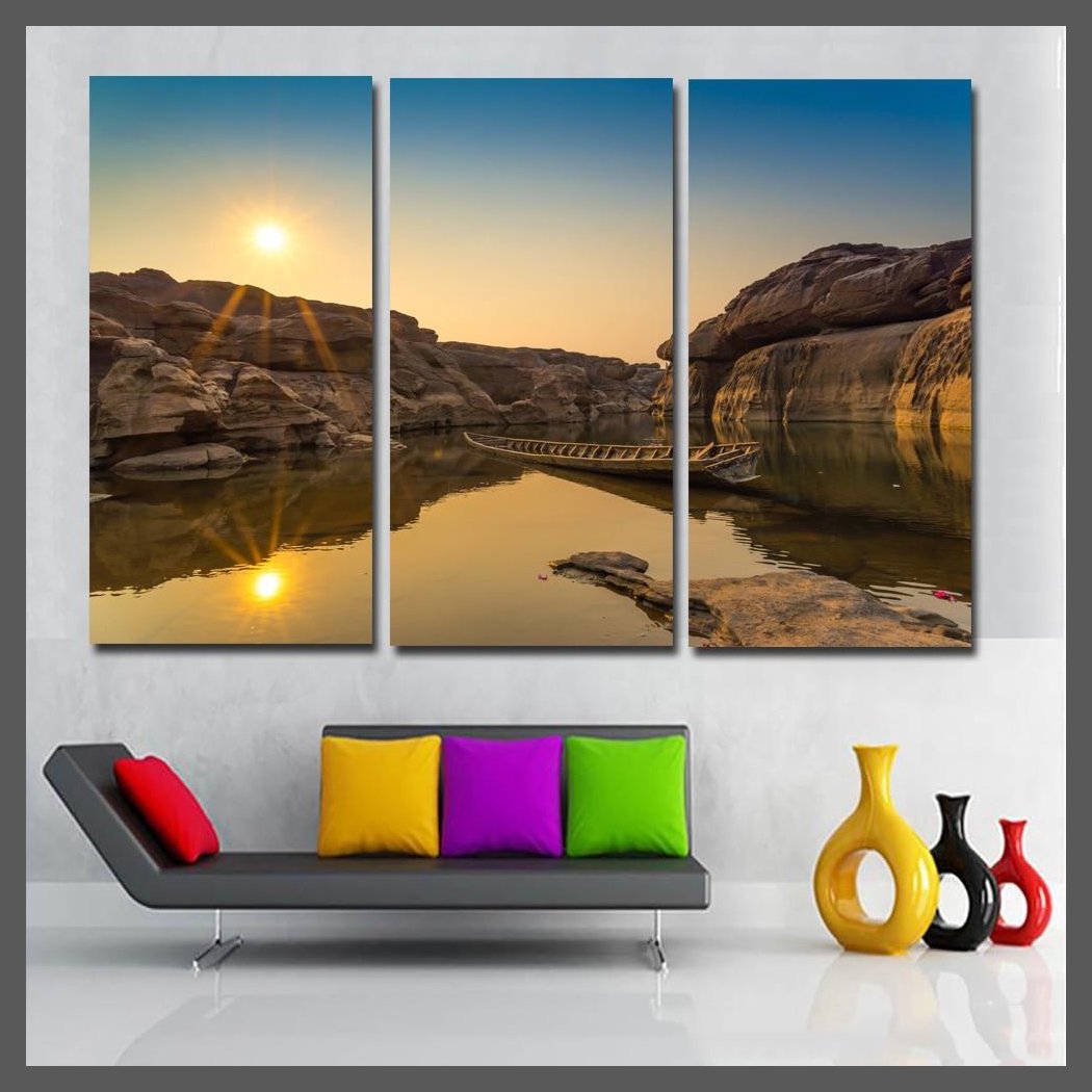 3 Panels Sunsets Lake Boat Picture Canvas Wall Art - Unframed-20x40cm 3pcs-Dablew11