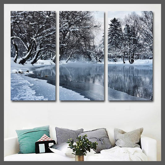 3 Panels Winter Pond Snow Landscape Canvas Wall Art - Unframed-40x80cm 3pcs-Dablew11