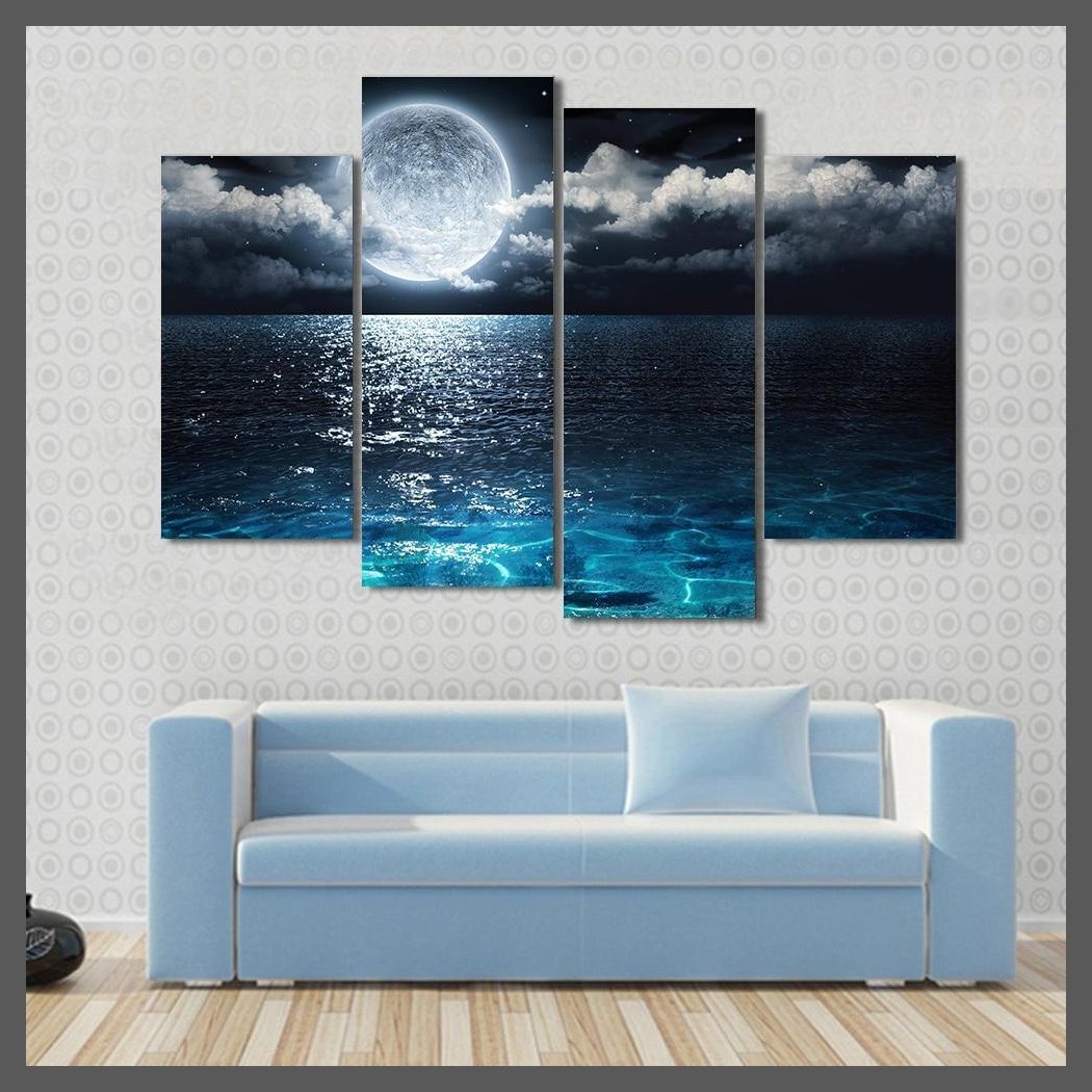 4 Panels Full Moon Seaview Canvas Wall Art Painting-20x40x2 20x60cmx2-Dablew11