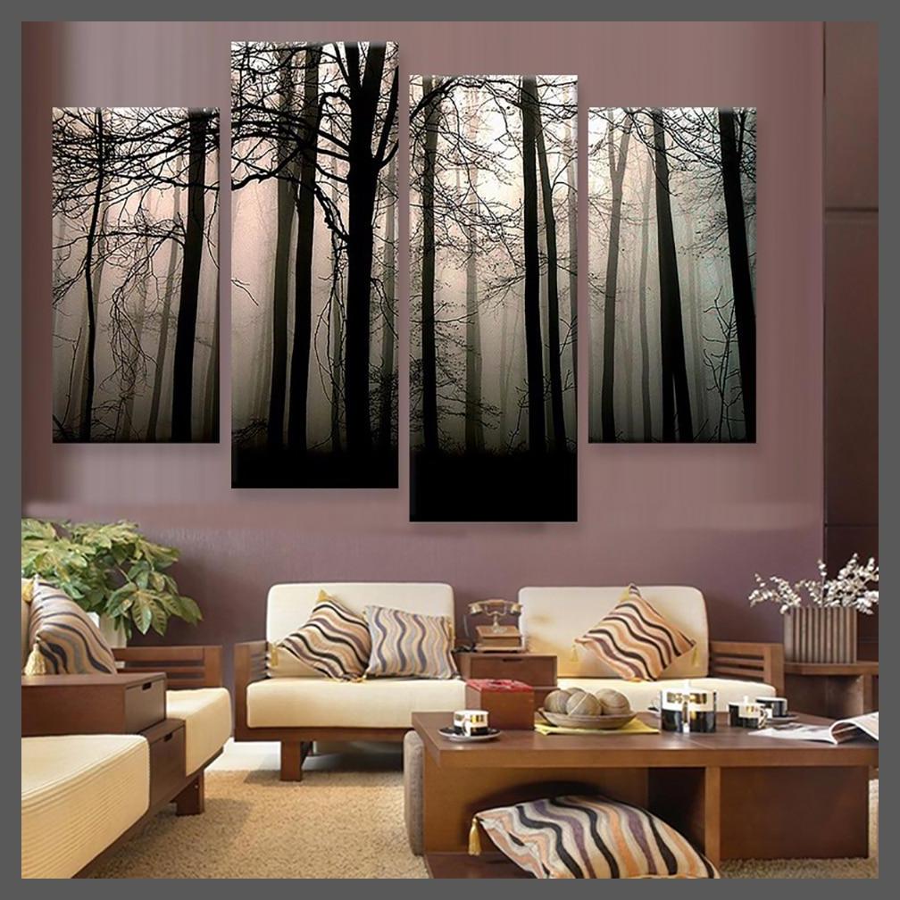 4 Panels Misty Forest Landscape Canvas Wall Art Print-20x40x2 20x60cmx2-Dablew11