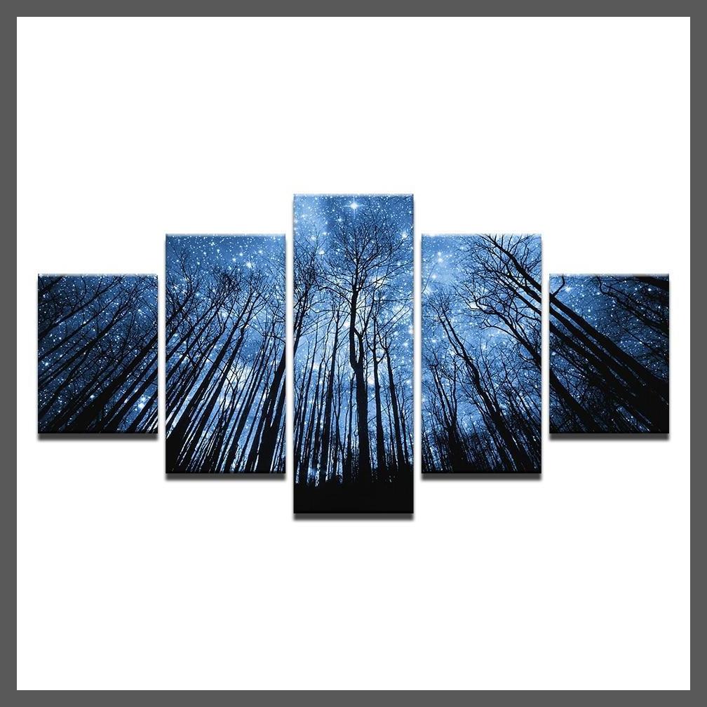 5 Pieces Forest With Blue Starry Sky Canvas Wall Art-Dablew11