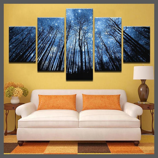 5 Pieces Forest With Blue Starry Sky Canvas Wall Art-Small-10x15 10x20 10x25cm-Dablew11