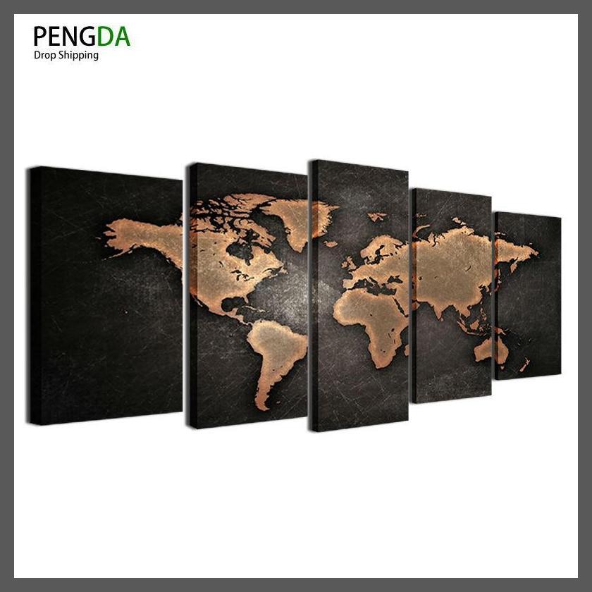 5 Pieces Retro World Map Canvas Wall Art-Dablew11