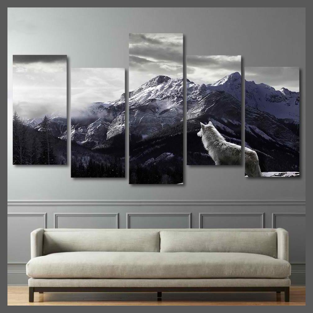 5 Pieces Snowy Mountain Plateau Wolf Canvas Wall Art-10x20cmx4 10x25cmx1-Dablew11