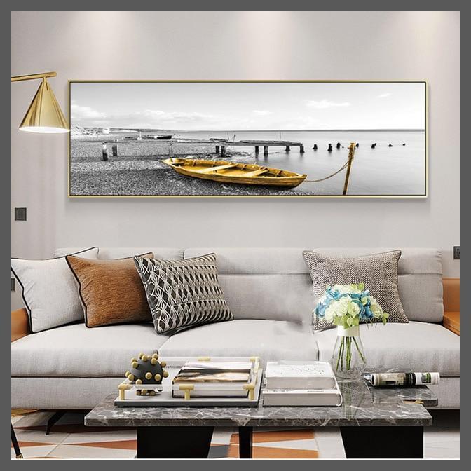 Black & White Lonely Boat Canvas Wall Art - Unframed-20x70CM-Dablew11