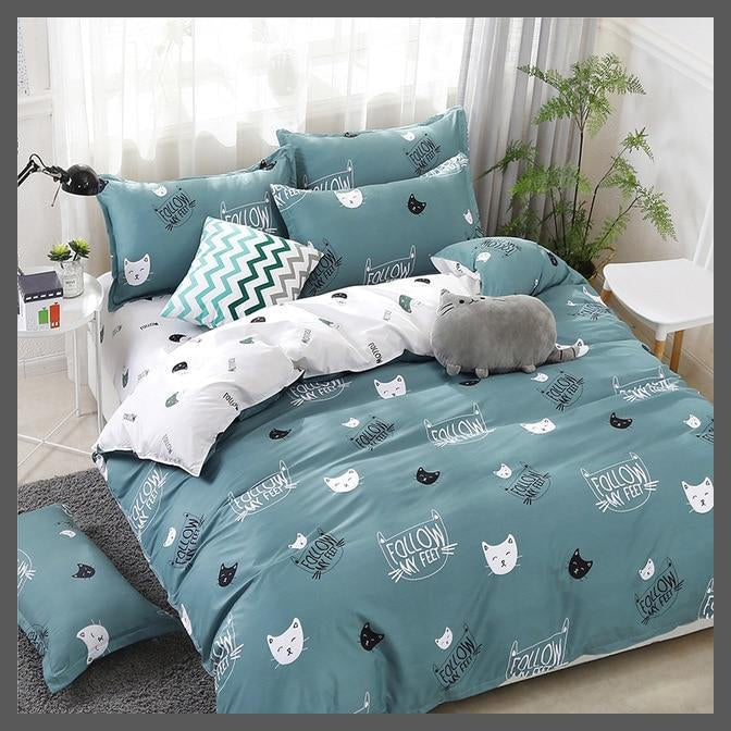 Cats Pattern Green Linen Bedding | Green Bed Sheets-Single Cover 150X200-Dablew11