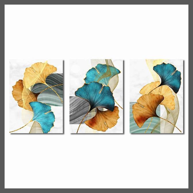 Golden Blue Plant Leaves Abstract Canvas Wall Art Print - Unframed-3PCS-Dablew11