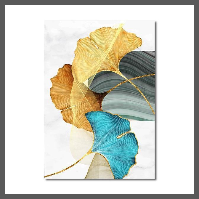 Golden Blue Plant Leaves Abstract Canvas Wall Art Print - Unframed-A-Dablew11