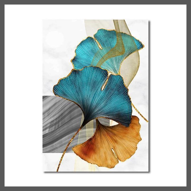 Golden Blue Plant Leaves Abstract Canvas Wall Art Print - Unframed-B-Dablew11