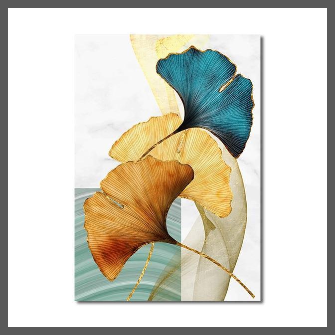 Golden Blue Plant Leaves Abstract Canvas Wall Art Print - Unframed-C-Dablew11