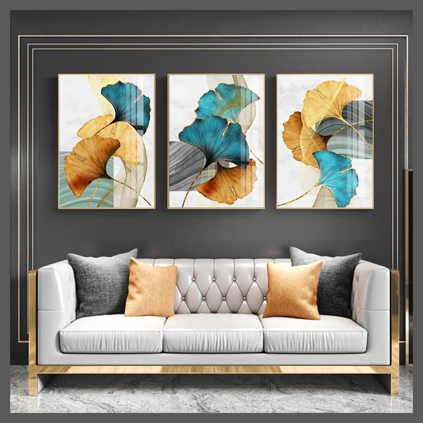 Golden Blue Plant Leaves Abstract Canvas Wall Art Print - Unframed-Dablew11