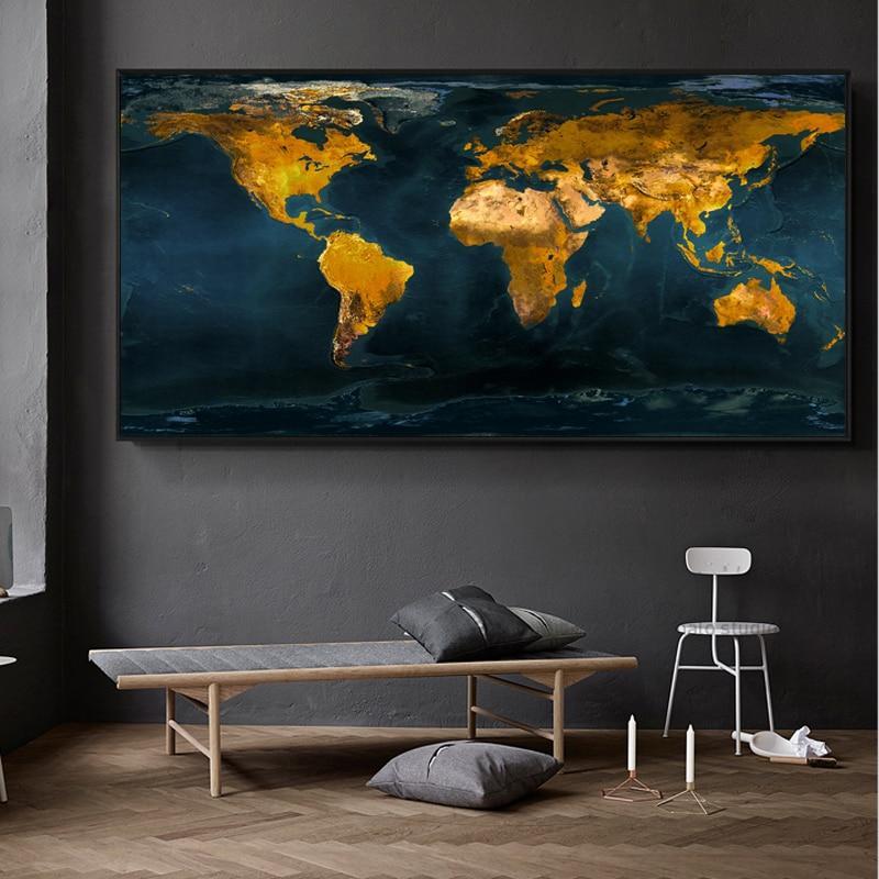 Golden World Map Canvas Wall Pictures Paintings Posters Wall Art-Unframed-A-Dablew11