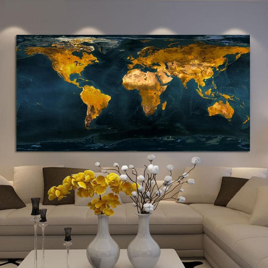 Golden World Map Canvas Wall Pictures Paintings Posters Wall Art-Unframed-Dablew11