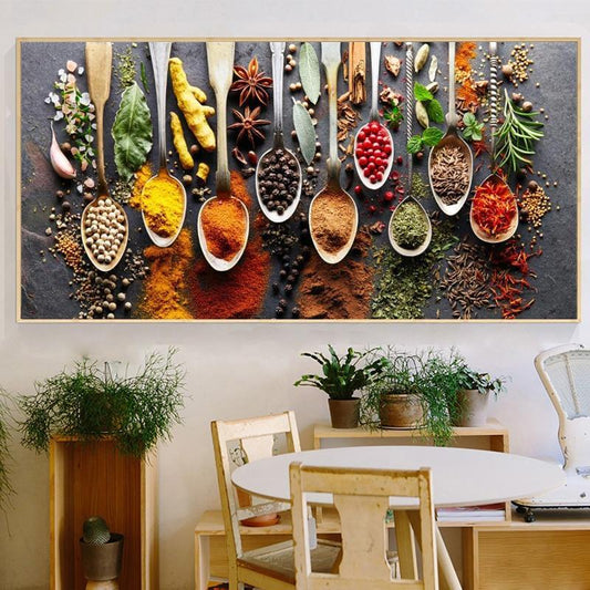 Kitchen Colorful Spice and Spoon In Table Canvas Print Wall Art-Unframed-Dablew11