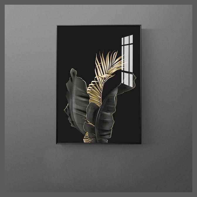 Modern Nordic Black Golden Feather Leaves Canvas Wall Art Print - Unframed-C-Dablew11