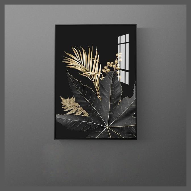 Modern Nordic Black Golden Feather Leaves Canvas Wall Art Print - Unframed-E-Dablew11