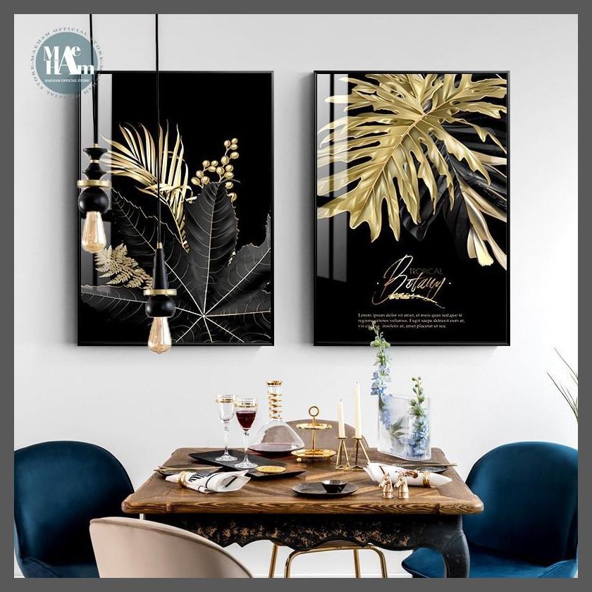 Modern Nordic Black Golden Feather Leaves Canvas Wall Art Print - Unframed-Dablew11