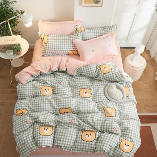 Peach and Green Check Print Teddy Bear Bedding Set-Single Cover 150X200-Dablew11