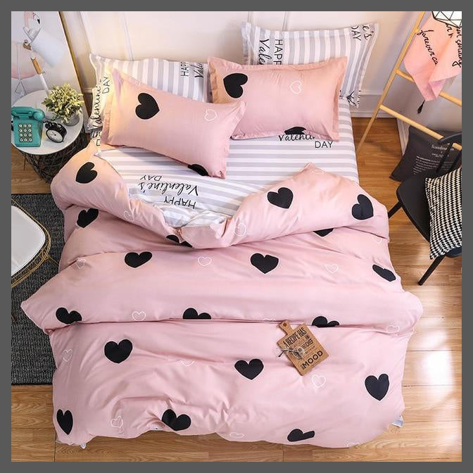 Pink Comforter Set with Grey Stripes and Hearts-King Cover 220X240cm-Dablew11