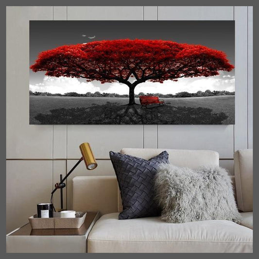 Red Tree Bench Landscape Canvas Wall Art - Unframed-70X140CM-Dablew11