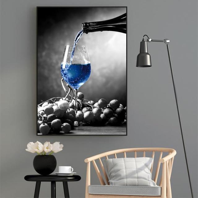 Romantic Black White Wine Glasses Modern Canvas Art Wall-Blue-1-Dablew11