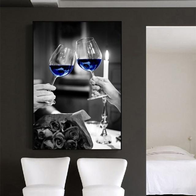 Romantic Black White Wine Glasses Modern Canvas Art Wall-Blue-2-Dablew11