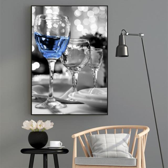 Romantic Black White Wine Glasses Modern Canvas Art Wall-Blue-3-Dablew11