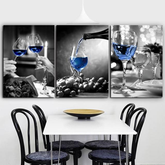 Romantic Black White Wine Glasses Modern Canvas Art Wall-Blue-3pcs-Dablew11