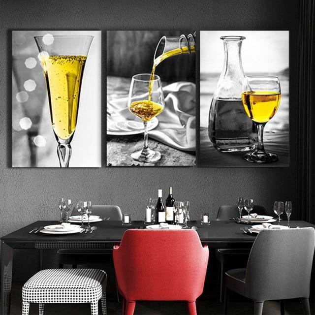 Romantic Black White Wine Glasses Modern Canvas Art Wall-Yellow-3pcs-Dablew11