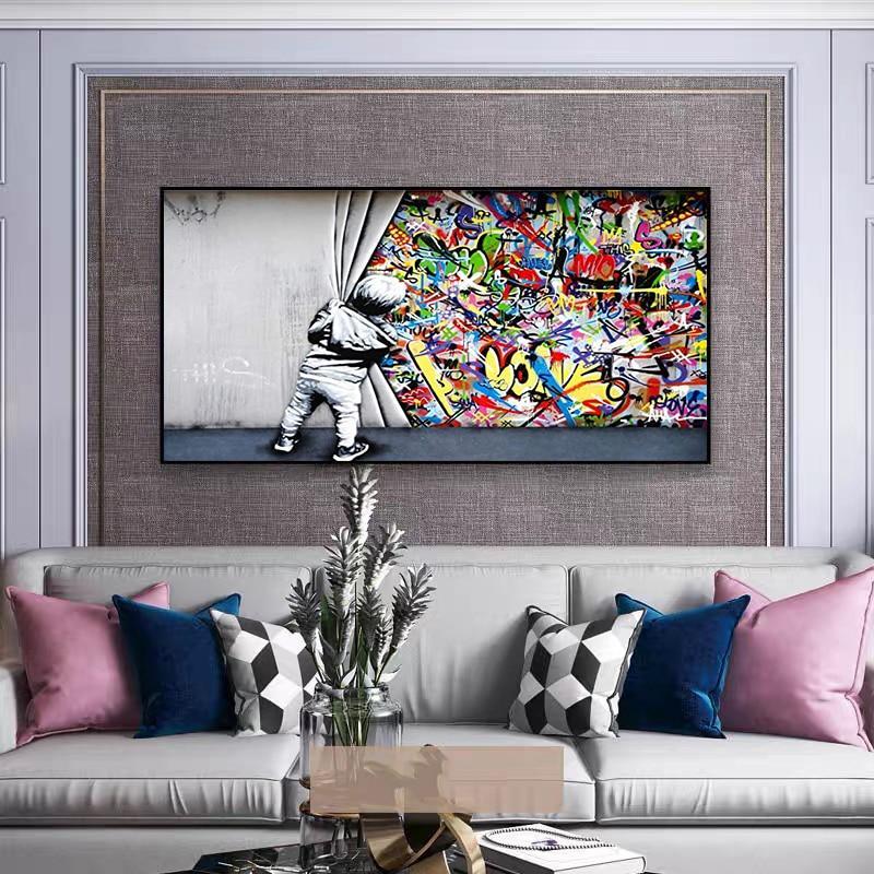 Street Graffiti Behind The Curtain Canvas Paintings Wall Art-Unframed-Dablew11