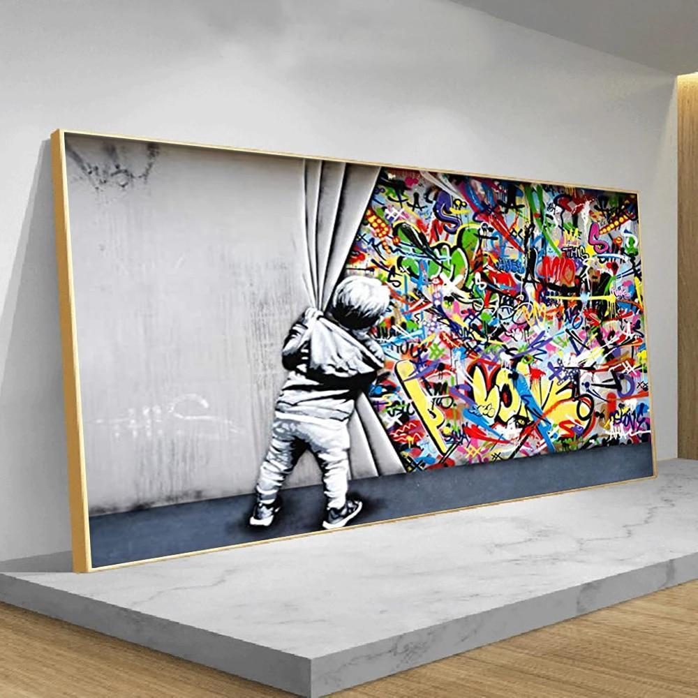 Street Graffiti Behind The Curtain Canvas Paintings Wall Art-Unframed-Dablew11