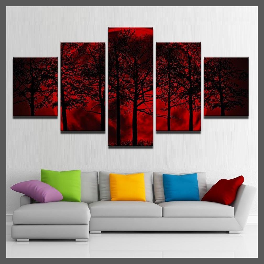 5 Piece Red Moon Sky Psychedelic Forest Canvas Wall Art-Dablew11