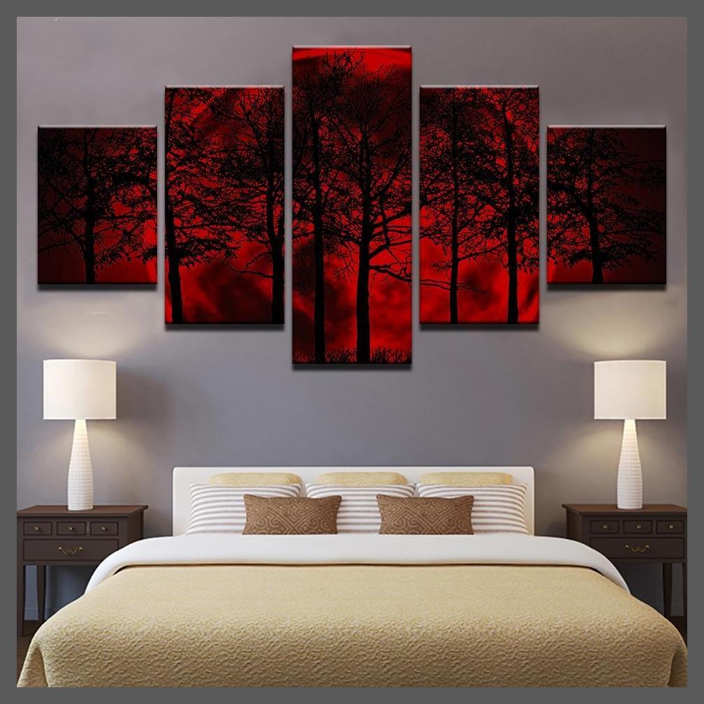 Tree Poster 5 Piece Red Moon Sky Psychedelic Forest Canvas Wall Art-Small-10x15 10x20 10x25cm-Dablew11