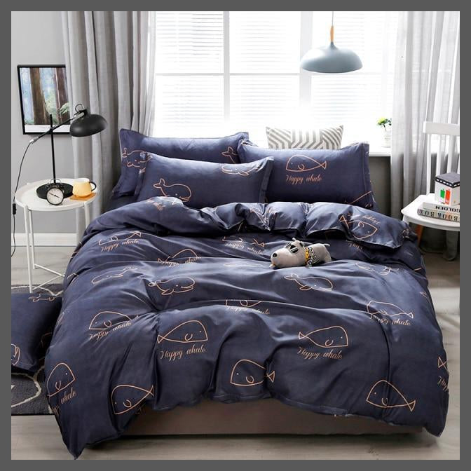 Whale Printed Dark Grey Linen Bedding Sheets Set-Single Cover 150X200-Dablew11
