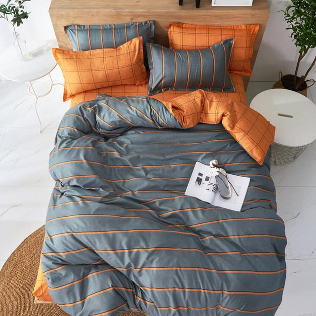 Orange Grey Stripes Elegant Duvet Bedding Set