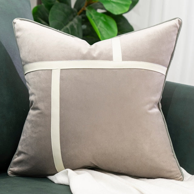Geometric Leather Velvet Patchwork Throw Pillow Cases -E