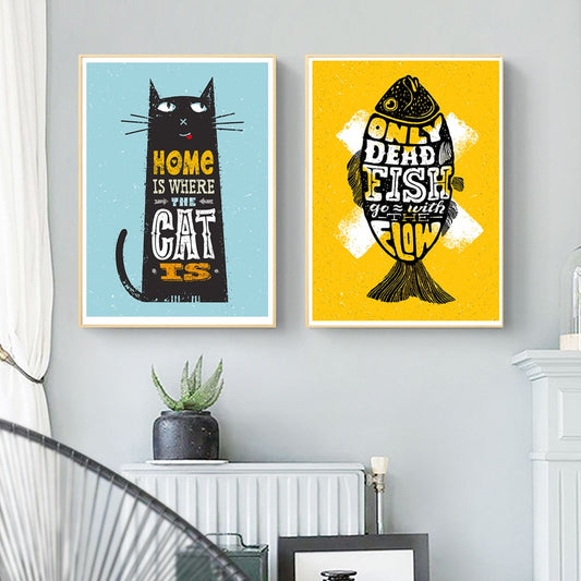 Nordic Poster Prints Black Cat Fish Quotes Wall Art