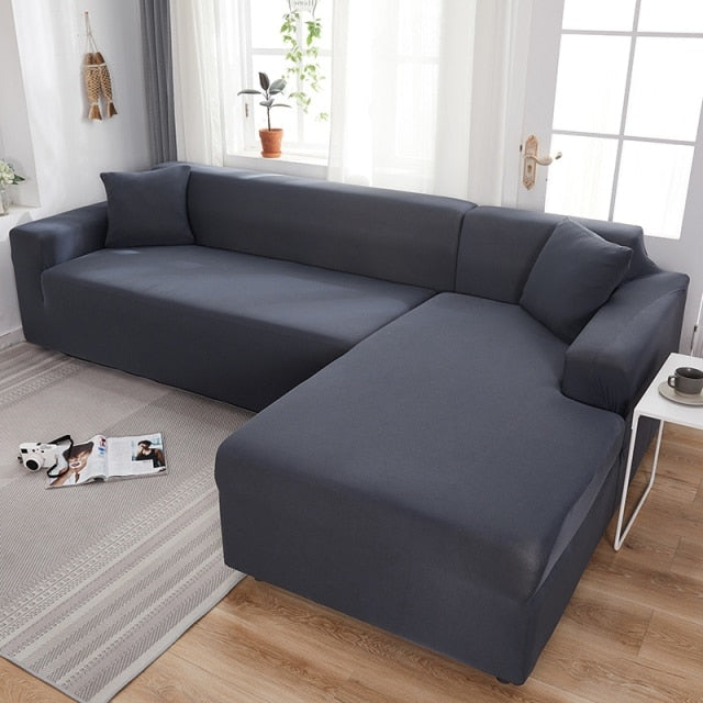Dark Grey Plain Fitted Sectional Couch Cover